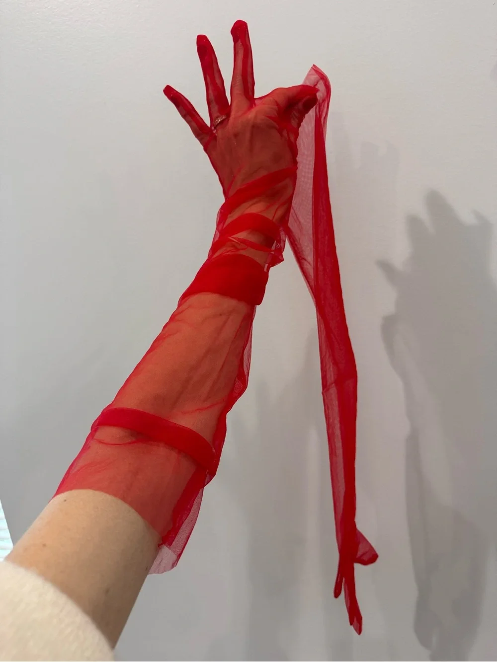 Sheer Red Opera Gloves - Women's Accessories